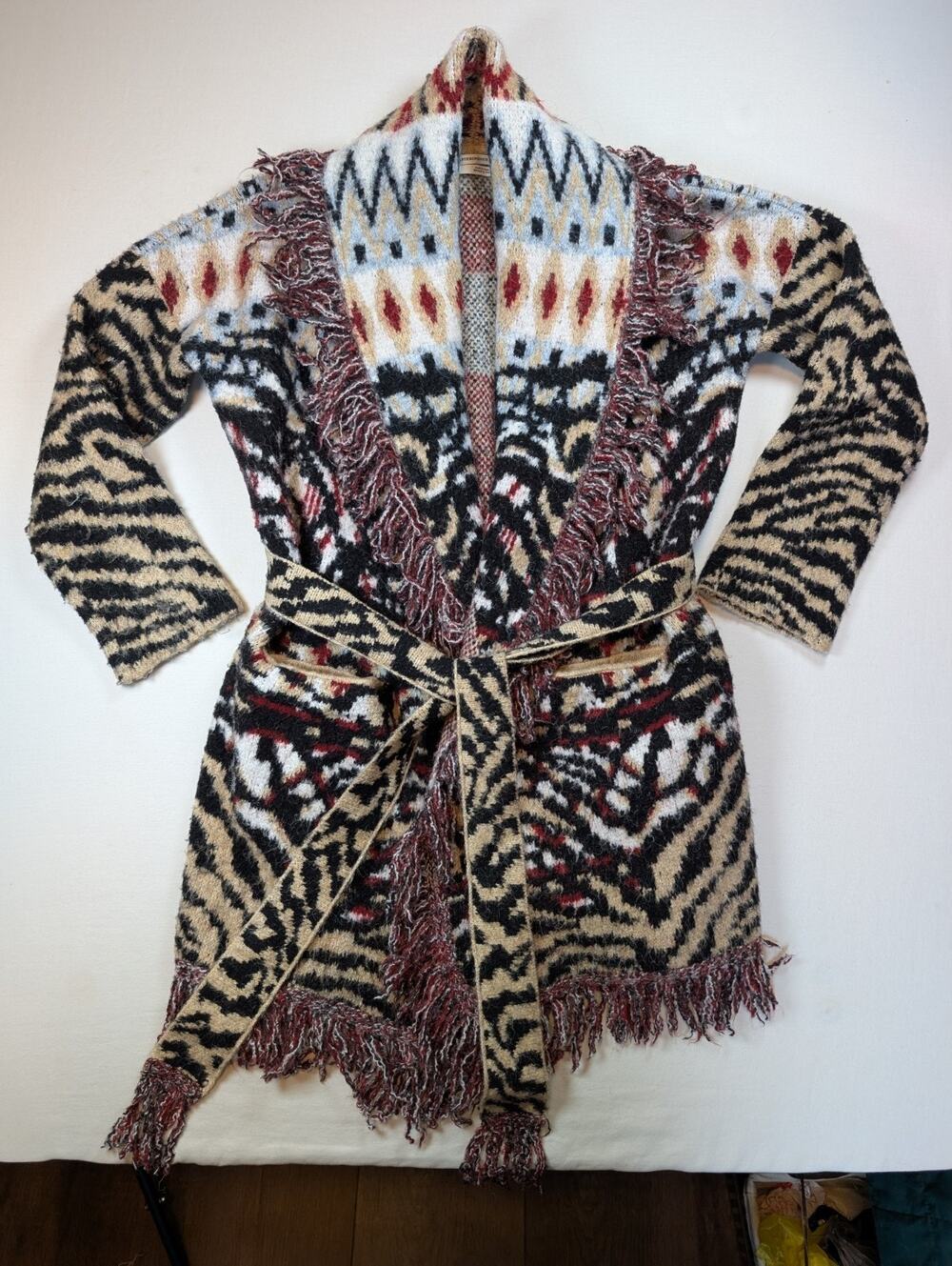 By Anthropologie Belted Fringe Cardigan Womens XS Animal Print Geometric Knit